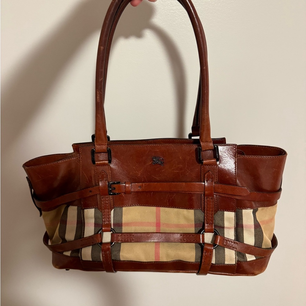 Burberry Tan and Brown Leather Plaid Handbag